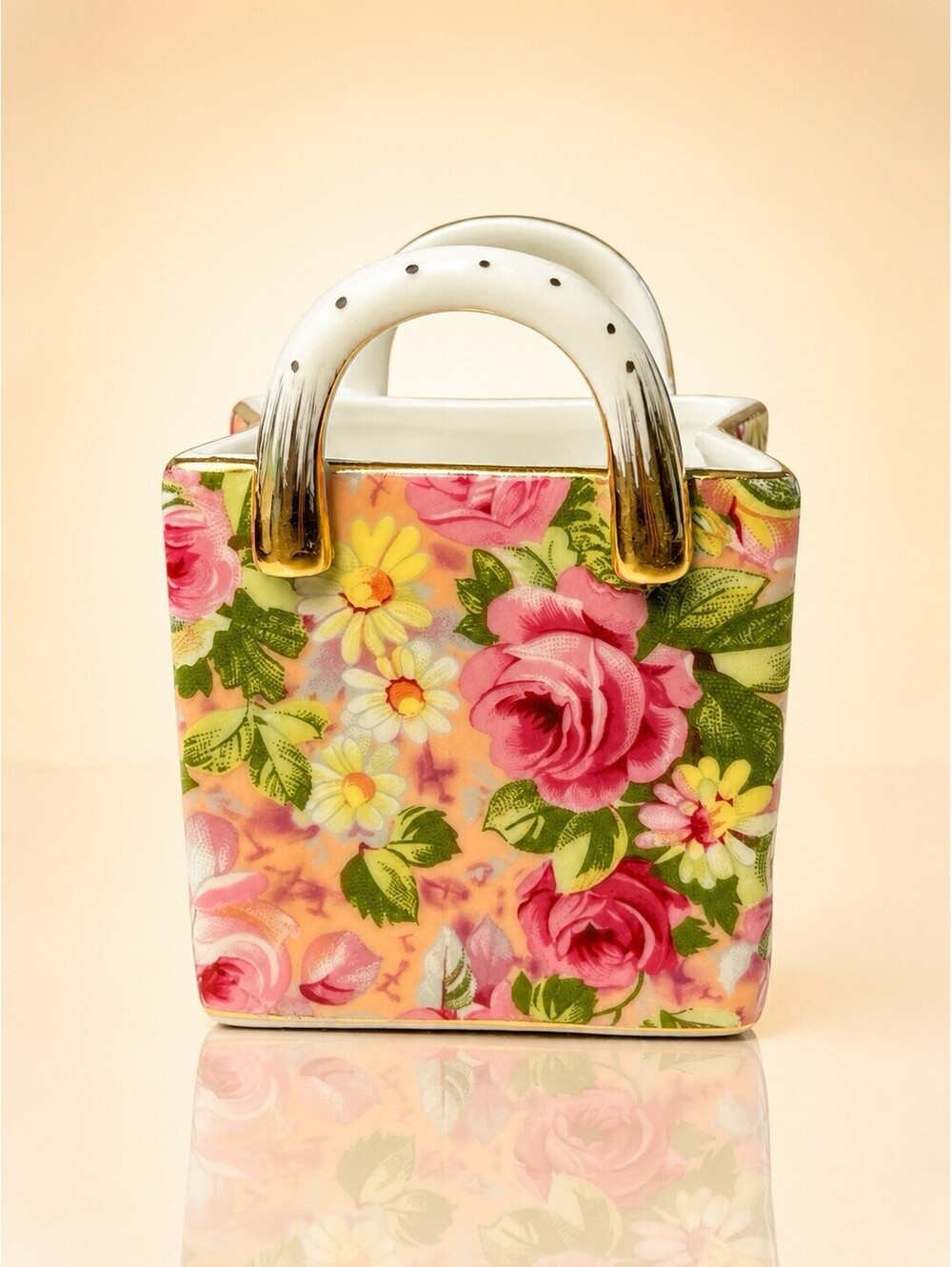 Vintage 1990s Chintz Rose Floral Porcelain Handbag Vase Gold Trim, 3x4”